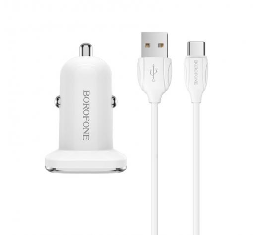 Универсално зарядно за кола / Car Charger 12V BOROFONE Qualcomm 3.0 BZ12A 2A / Type C кабел - бяло