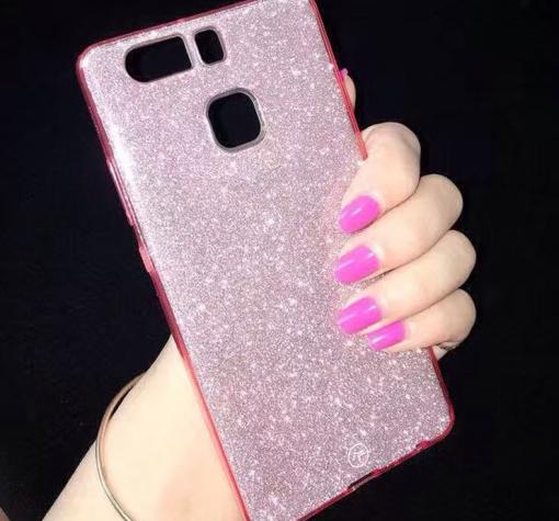 Луксозен ултра тънък силиконов калъф / гръб / TPU Ultra Thin FSHANG за Huawei P9 - розов / брокат