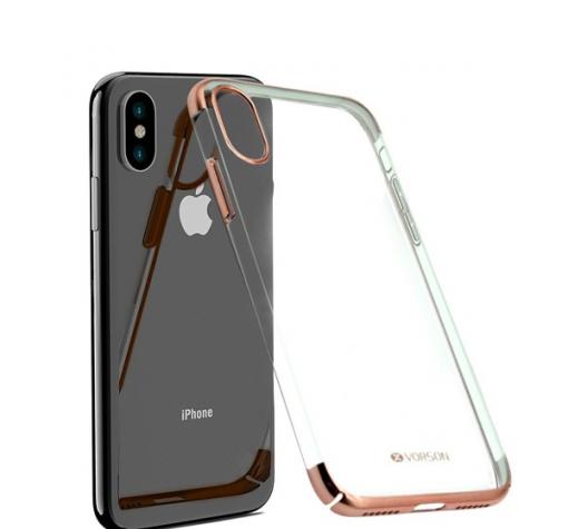 Луксозен твърд гръб VORSON VC-054 за Apple iPhone X - прозрачен / Rose Gold кант