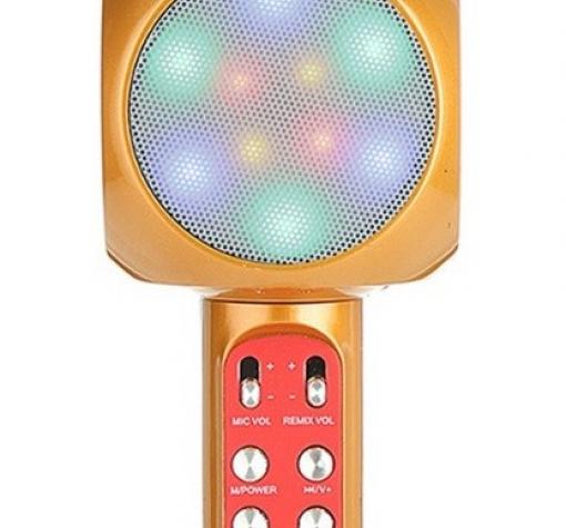 Караоке микрофон с вградени стерео високоговорители / Bluetooth Wireless Microphone Hifi Speaker WS1816 - златист