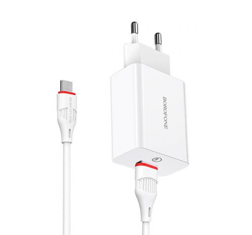 Универсално зарядно устройство 220V BOROFONE Qualcomm 3 BA21A 3.0A / Micro кабел - бяло