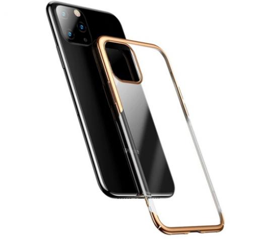 Луксозен твърд гръб Baseus Glitter Clear Case за Apple iPhone 11 6.1 - прозрачен / златист кант