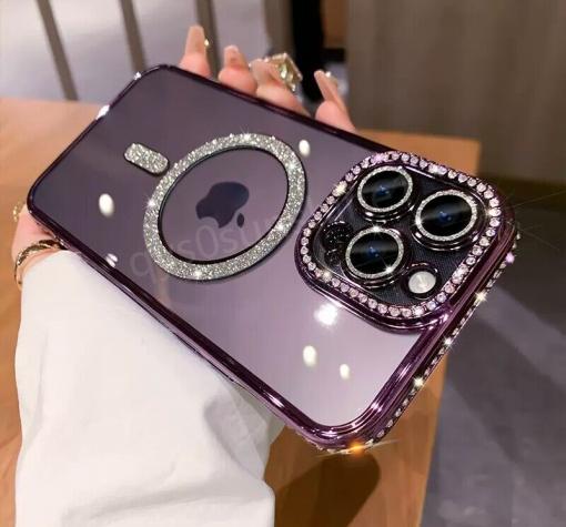 Луксозен силиконов калъф / гръб / TPU кейс със MagSafe за iPhone 14 (6.1) - прозрачен със лилав кант и камъни
