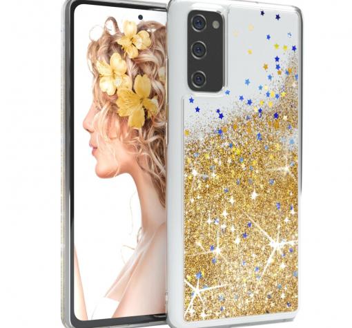 Луксозен твърд гръб 3D Water Case за Samsung A21s - прозрачен / течен гръб с брокат / сърца / златист
