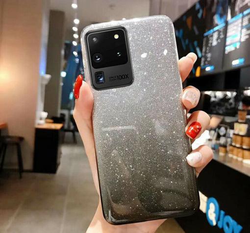 Силиконов калъф / гръб / TPU за Samsung S21 Ultra - преливащ / сребристо и черно / брокат