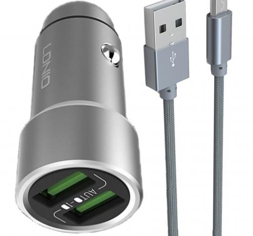 Универсално зарядно за кола LDNIO C401 Zinc Alloy 3.6A 2 Port USB Car Charger + Micro USB Cable за Samsung, Lenovo, LG, HTC, Sony, Nokia, Huawei, ZTE, BlackBerry, Xiaomi и др. - сив