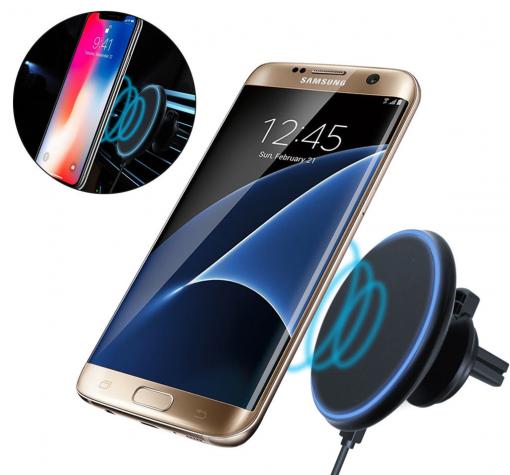Универсална магнитна стойка за кола с безжично зареждане / Magnetic Wireless Car Charger - черна със син кант