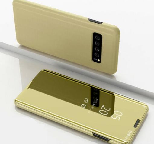 Луксозен калъф Clear View Cover с твърд гръб за Samsung S10 Plus - златист