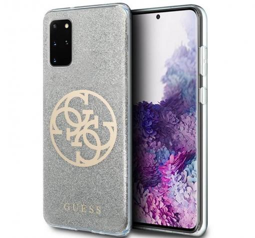 Оригинален силиконов гръб Guess Glitter за Samsung S20 Plus - прозрачен / брокат