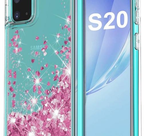 Луксозен твърд гръб 3D Water Case за Samsung S20 - прозрачен / течен гръб с брокат / сърца / розов
