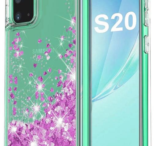 Луксозен твърд гръб 3D Water Case за Samsung S20 Plus - прозрачен / течен гръб с брокат / сърца / лилав