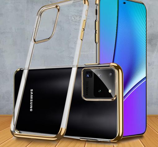 Луксозен силиконов калъф / гръб / TPU за Samsung S20 Ultra - прозрачен / златист кант
