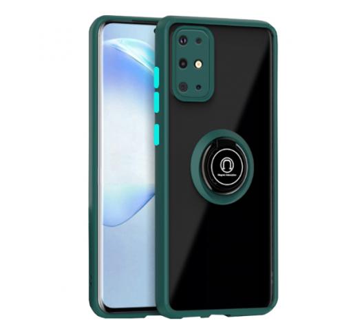 Силиконов гръб DEVIA Parkour2 със стойка и магнитно захващане за Samsung S20 Ultra – прозрачен / зелен кант