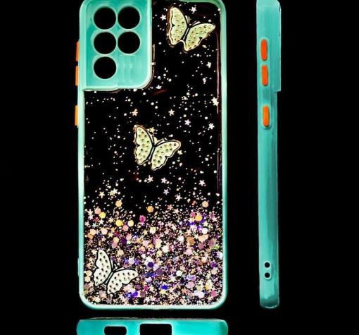 Луксозен твърд кейс със силиконов кант и брокат за Samsung S21 Ultra - прозрачен / пеперуди / мента