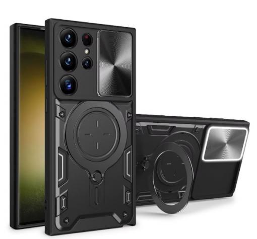 Удароустойчив гръб TPU кейс Slide Camera Case Magnetic Finger Ring Car Holder за Samsung S25 Ultra - черен