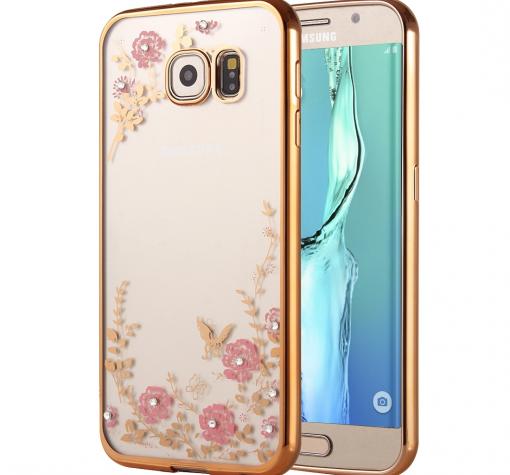 Луксозен силиконов калъф / гръб / TPU с камъни за Samsung S6 Edge G925 - розови цветя / златист кант