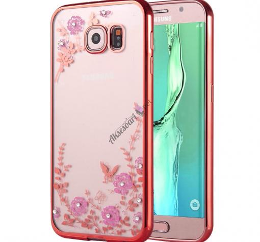 Луксозен силиконов калъф / гръб / TPU с камъни за Samsung S6 Edge G925 - розови цветя / розов кант