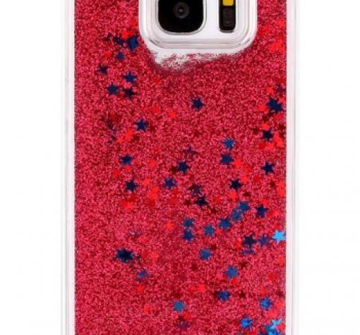 Луксозен твърд гръб 3D за Samsung S7 G930 - прозрачен / червен брокат / звездички