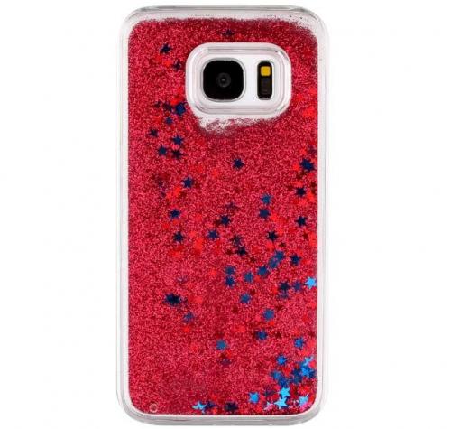 Луксозен твърд гръб 3D за Samsung S7 Edge G935 - прозрачен / червен брокат / звездички