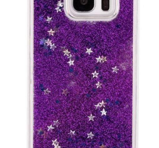 Луксозен твърд гръб 3D за Samsung S7 G930 - прозрачен / лилав брокат / звездички