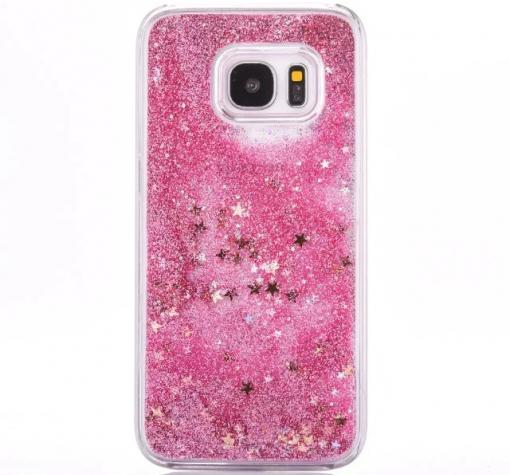 Луксозен твърд гръб 3D за Samsung S7 G930 - прозрачен / розов брокат / звездички