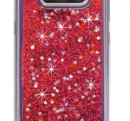 Луксозен твърд гръб 3D за Samsung S8 G950 - прозрачен / червен брокат / звездички
