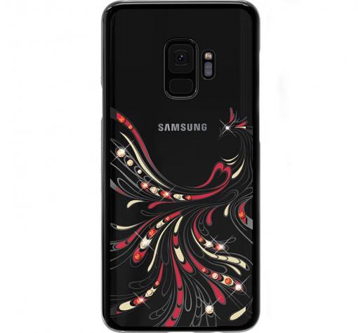 Луксозен твърд гръб KAVARO Swarovski Diamond за Samsung S9 G960 - прозрачен с черен кант / феникс