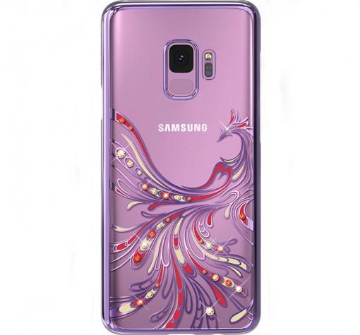 Луксозен твърд гръб KAVARO Swarovski Diamond за Samsung S9 G960 - прозрачен с лилав кант / феникс