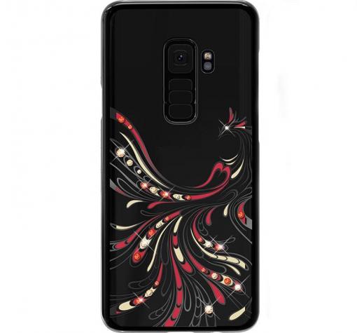 Луксозен твърд гръб KAVARO Swarovski Diamond за Samsung S9 Plus G965 - прозрачен с черен кант / феникс