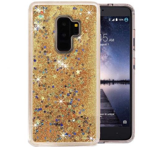 Луксозен твърд гръб 3D за Samsung S9 Plus G965 - прозрачен / златист брокат / звездички
