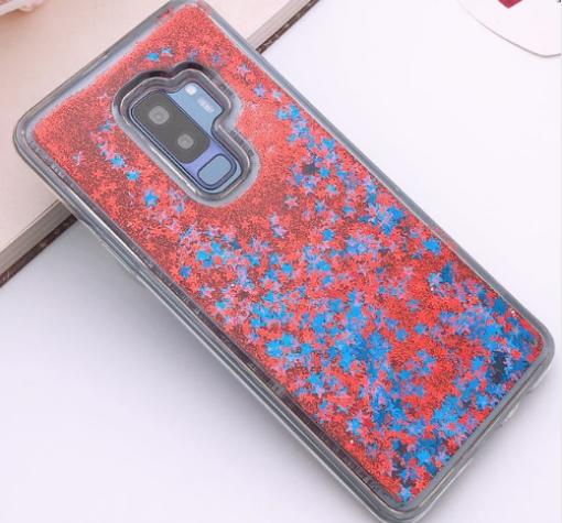 Луксозен твърд гръб 3D за Samsung S9 Plus G965 - прозрачен / червен брокат / звездички