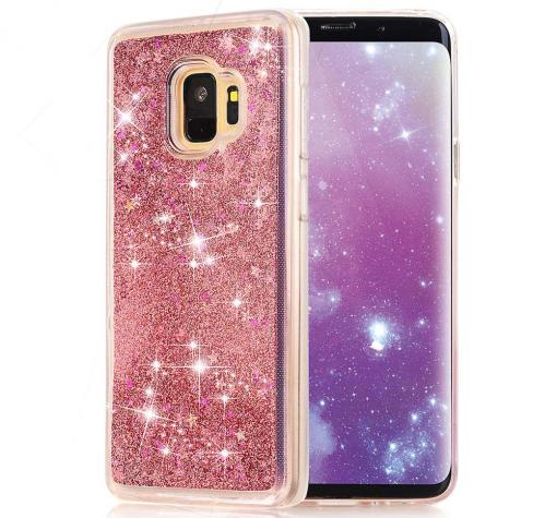 Луксозен твърд гръб 3D за Samsung S9 G960 - прозрачен / розов брокат / звездички