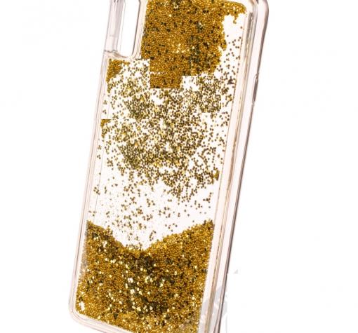 Луксозен твърд гръб 3D Water Case за Samsung A50 / A30s - прозрачен / течен гръб с брокат / златист