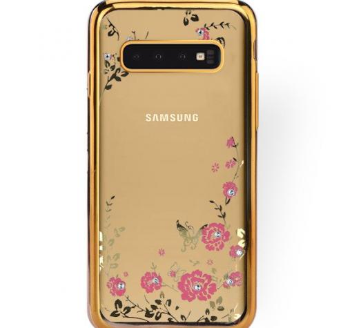 Луксозен силиконов калъф / гръб / TPU с камъни за Samsung S10 - прозрачен / розови цветя / златист кант