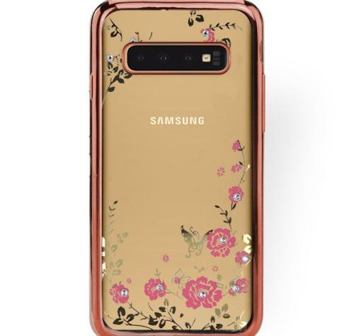Луксозен силиконов калъф / гръб / TPU с камъни за Samsung S10 - прозрачен / розови цветя / Rose Gold кант