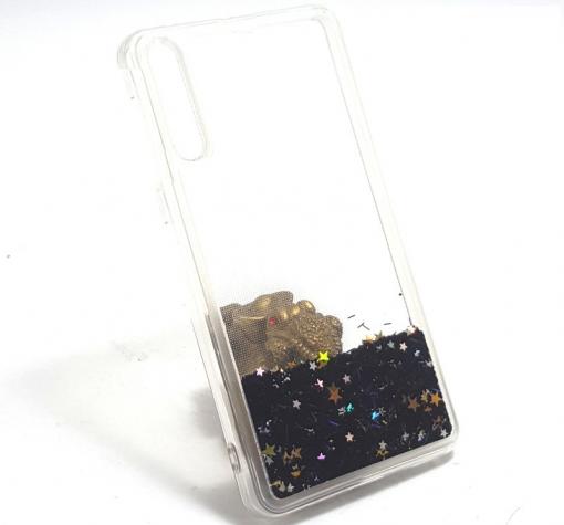 Луксозен твърд гръб 3D Water Case за Samsung A50 / A30s - прозрачен / течен гръб с черен брокат