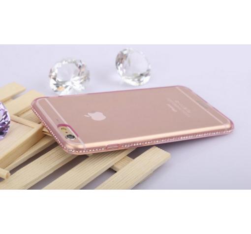 Луксозен силиконов калъф / гръб / TPU Meephong с камъни за Apple iPhone 6 / iPhone 6S - прозрачен с розов кант