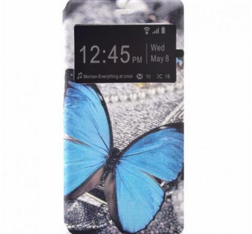 Кожен калъф Flip тефтер S-View със стойка за Huawei P40 lite E - сив / синя пеперуда/ Flexi