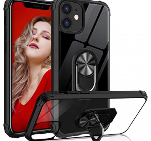 Удароустойчив гръб със стойка и магнитно захващане за Apple iPhone 12 Pro Max 6.7" – прозрачен / черен кант