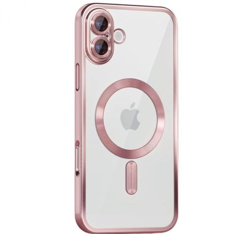 Силиконов калъф / гръб / Clear Case с безжично зареждане MagSafe кейс за Apple iPhone 16 (6.1) - прозрачен с протектори за камерите розов кант