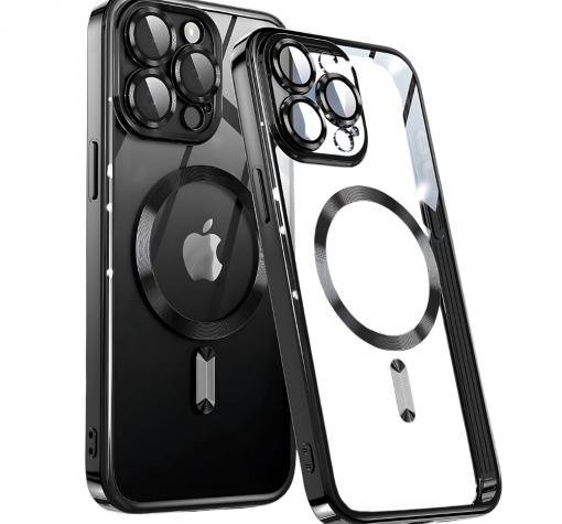 Силиконов калъф / гръб / Clear Case с безжично зареждане MagSafe кейс за Apple iPhone 16 Pro - прозрачен с протектори за камерите черен кант