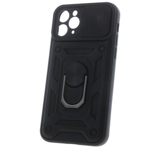 Удароустойчив гръб TPU кейс Slide Camera Case Magnetic Finger Ring Car Holder за iPhone 15 Pro - черен