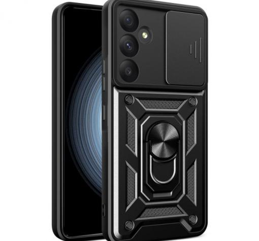 Удароустойчив гръб TPU кейс Slide Camera Case Magnetic Finger Ring Car Holder за Samsung S25 FE - черен