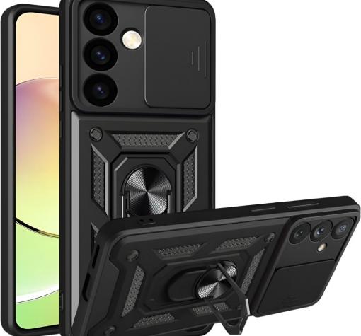 Удароустойчив гръб TPU кейс Slide Camera Case Magnetic Finger Ring Car Holder за Samsung S25 - черен