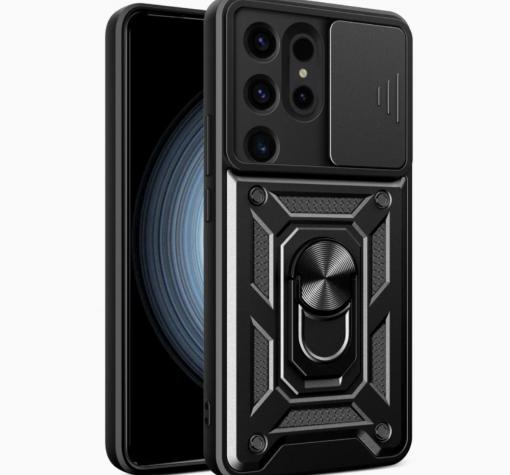 Удароустойчив гръб TPU кейс Slide Camera Case Magnetic Finger Ring Car Holder за Samsung S25 Ultra - черен
