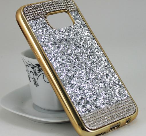 Луксозен силиконов калъф / гръб / TPU с камъни за Samsung S7 G930 - сребрист / златист кант