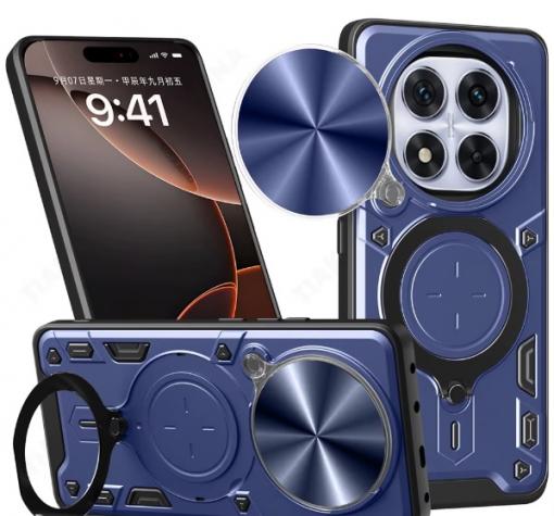 Удароустойчив гръб TPU кейс Slide Camera Case Magnetic Finger Ring Car Holder за Xiaomi Redmi Note 14 Pro - тъмно син