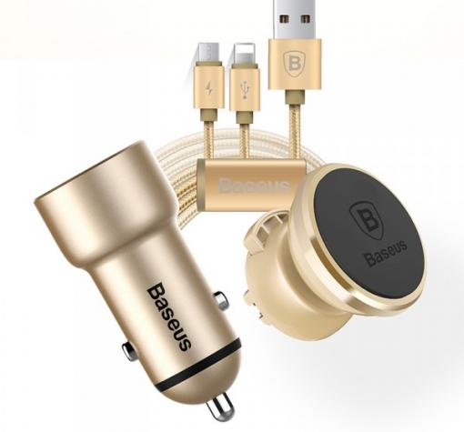 Универсален комплект за кола BASEUS - стойка за вентилация + 12V адаптор + USB дата кабел 3в 1 - златист
