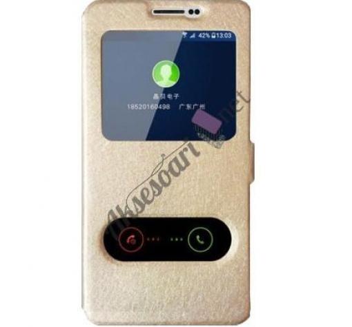 Кожен калъф Flip тефтер S-view със стойка за Huawei Ascend P8 Lite / Huawei P8 Lite - Flexi / златен — снимка 2