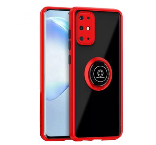 Силиконов гръб DEVIA Parkour2 със стойка и магнитно захващане за Samsung S20 – прозрачен / червен кант